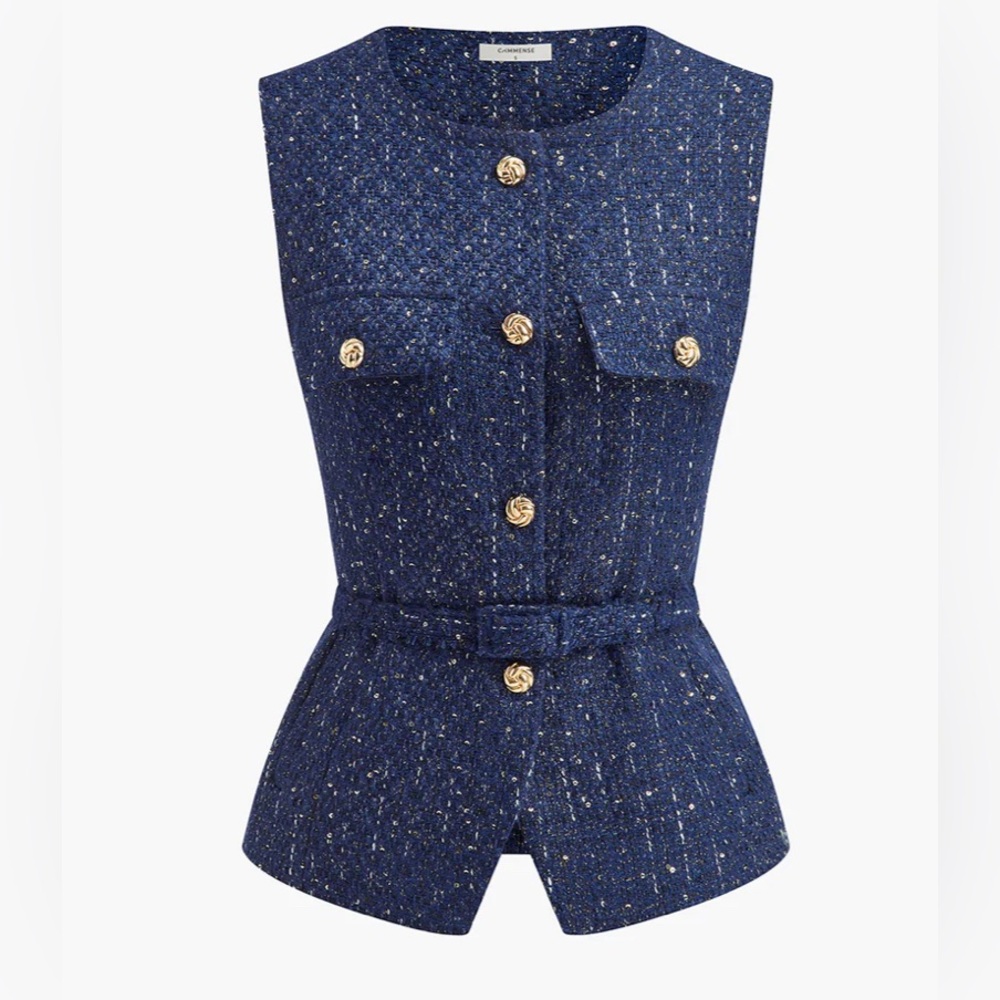 Commense Navy Tweed Vest with Gold Accents